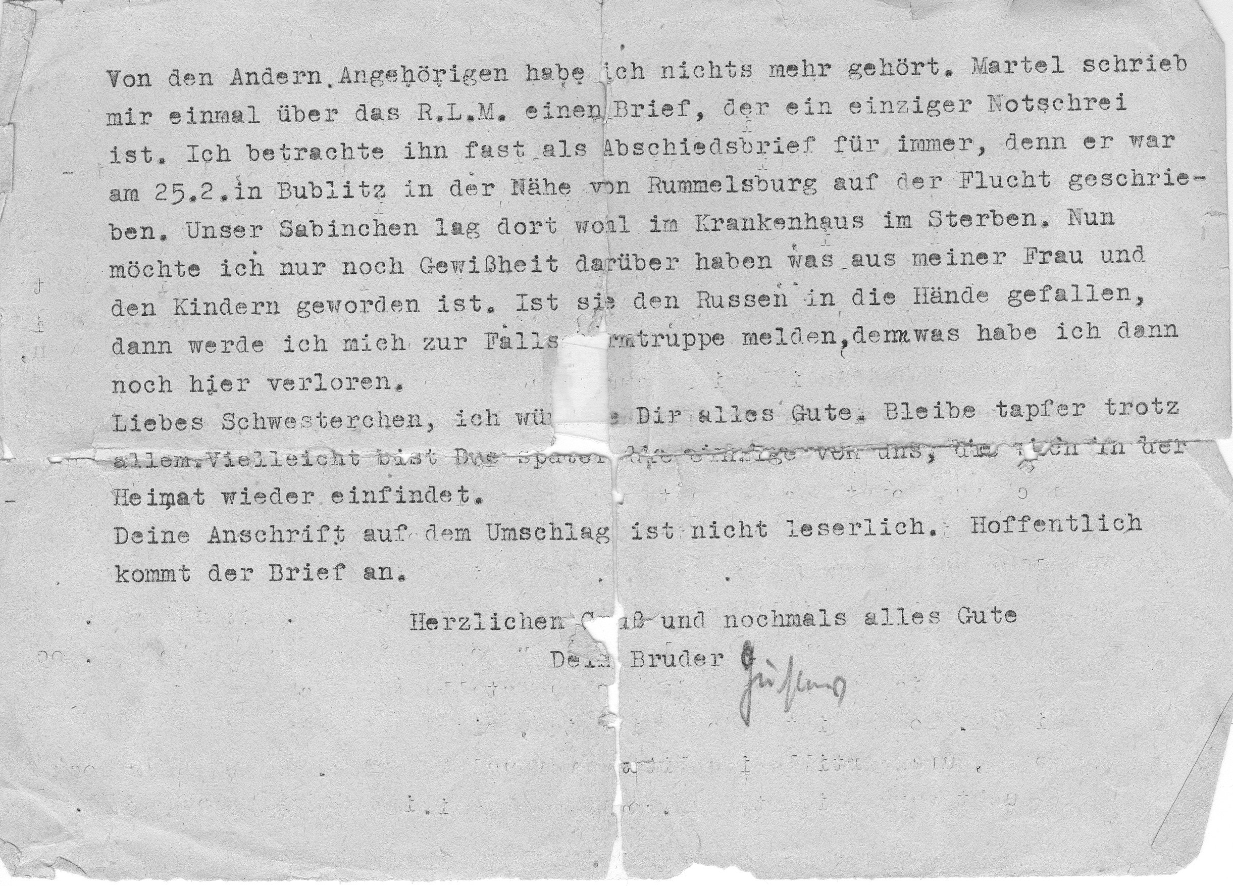 Gustav Lörzer, letzter Brief an die Schwester Ida Lörzer