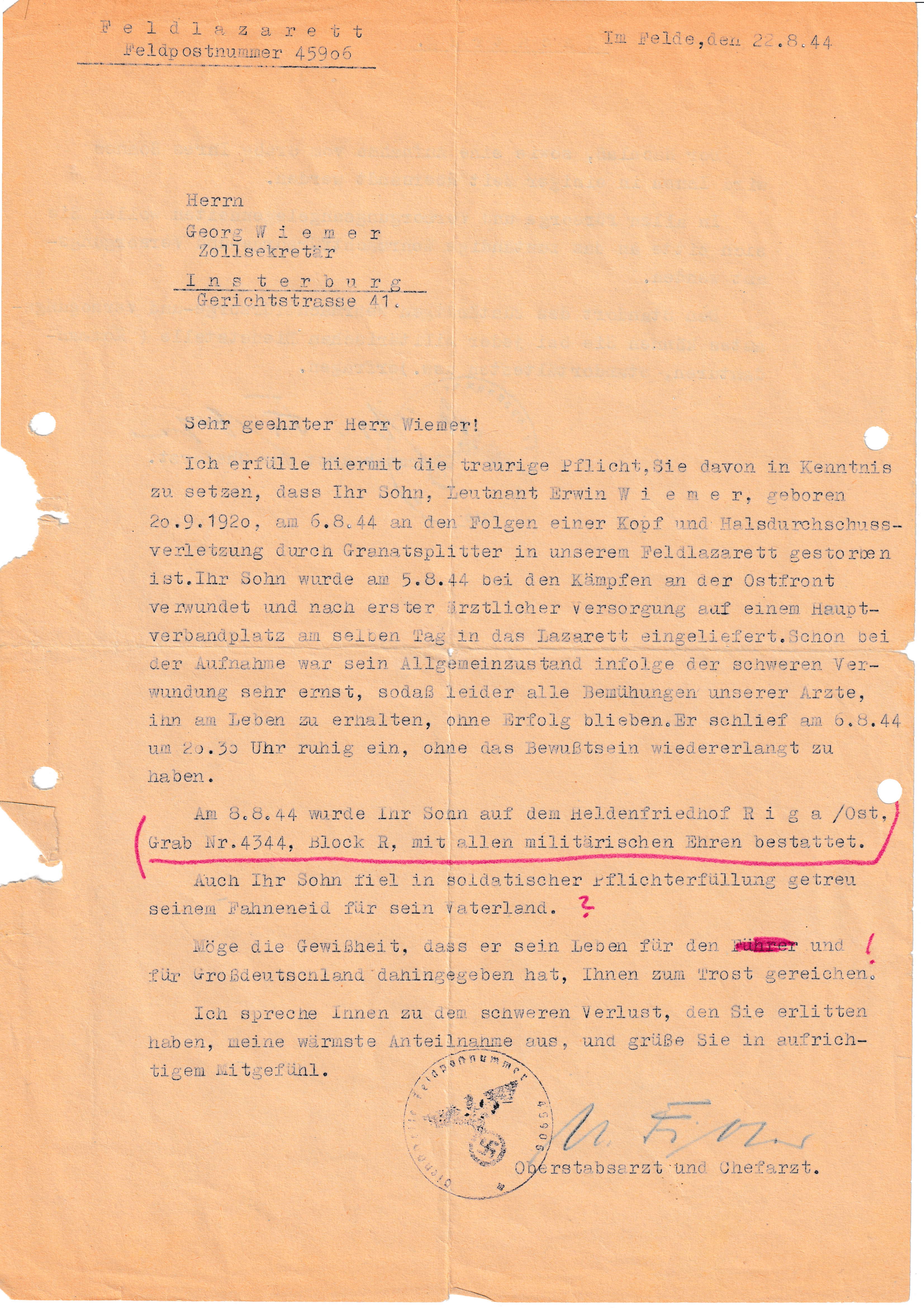 Todesmitteilung Feldlazarett 1/2