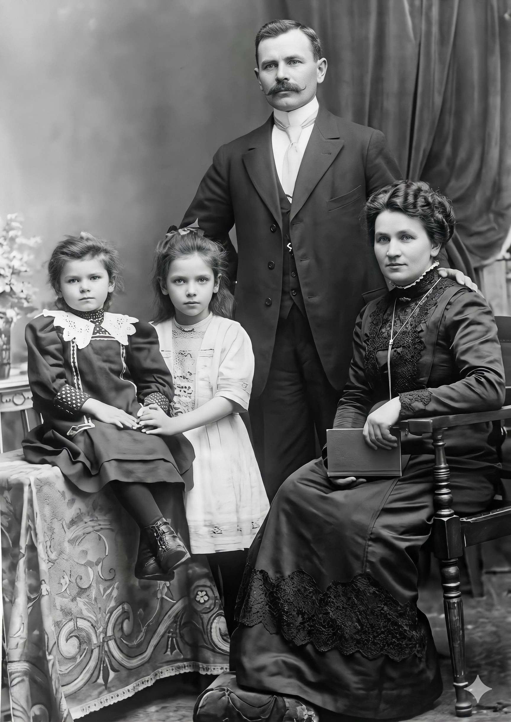 Gustav und Lina Lörzer mit den Töchtern Grete und Meta, Aufnahme aus dem Jahr 1909