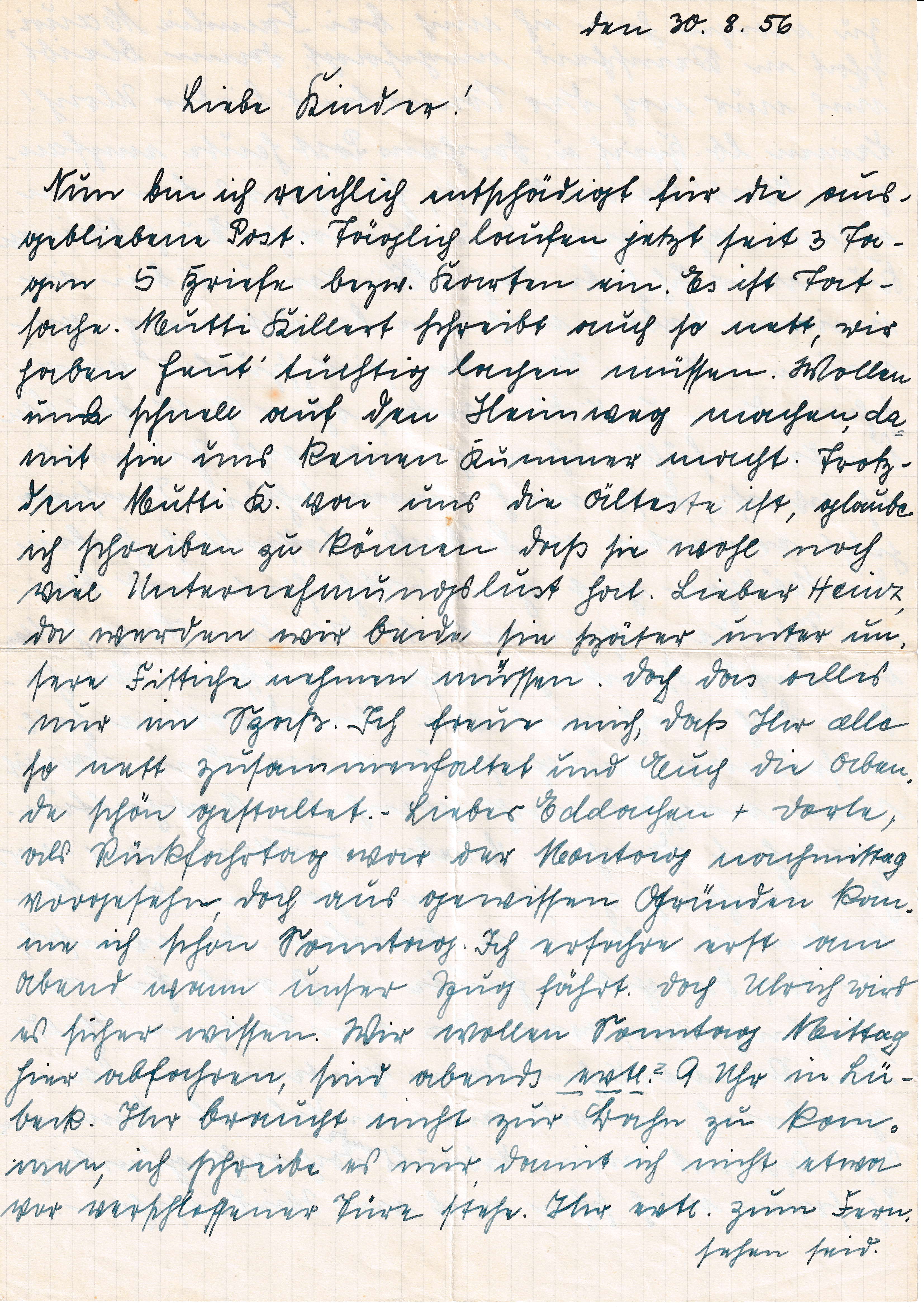 Brief von Martha Lörzer an ihre Kinder, 30.08.1956, 1/4