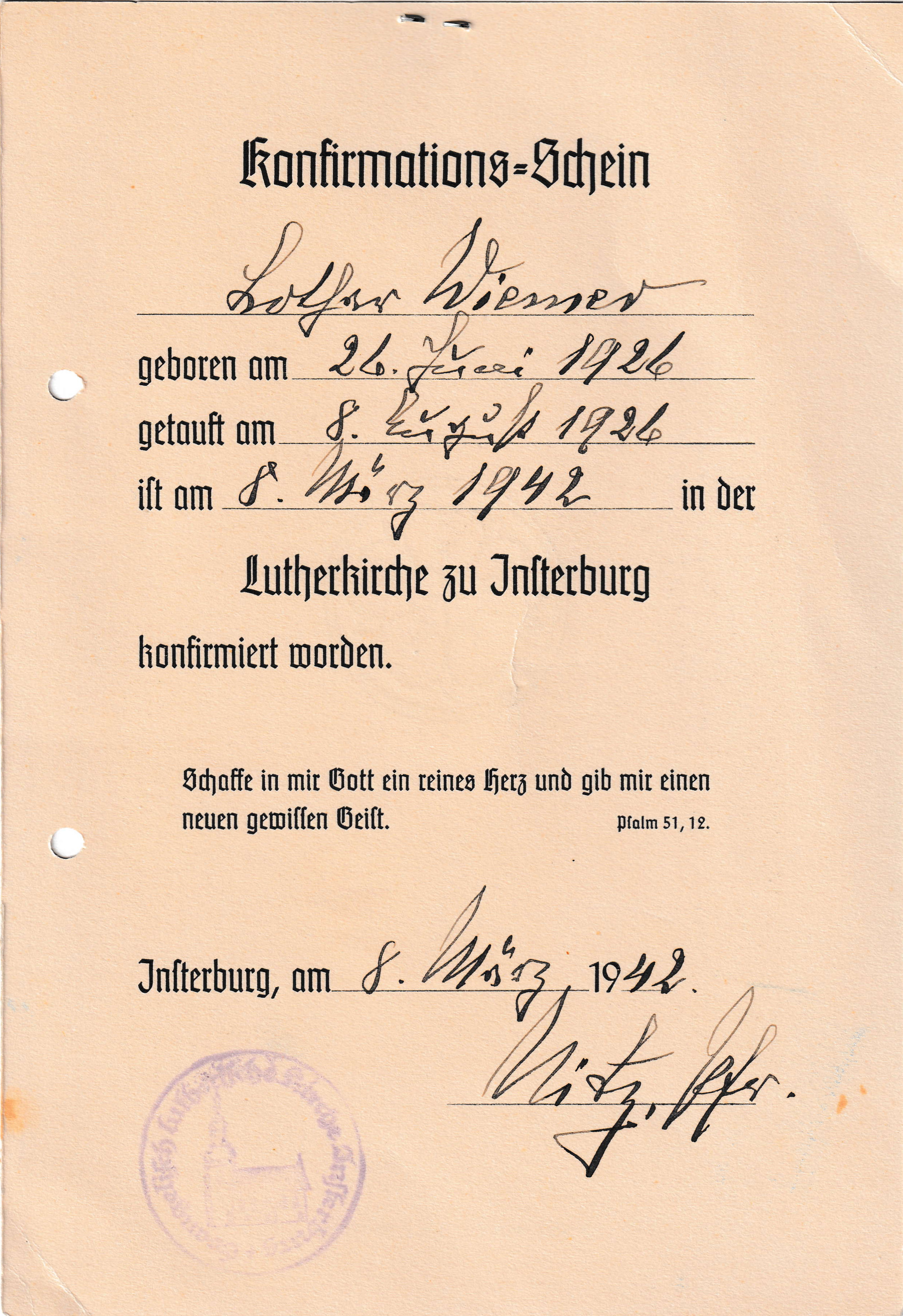 Lothar Wiemer Geburtsurkunde