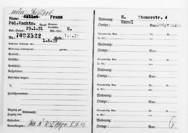 NSDAP Mitgliedkarte Franz Killat