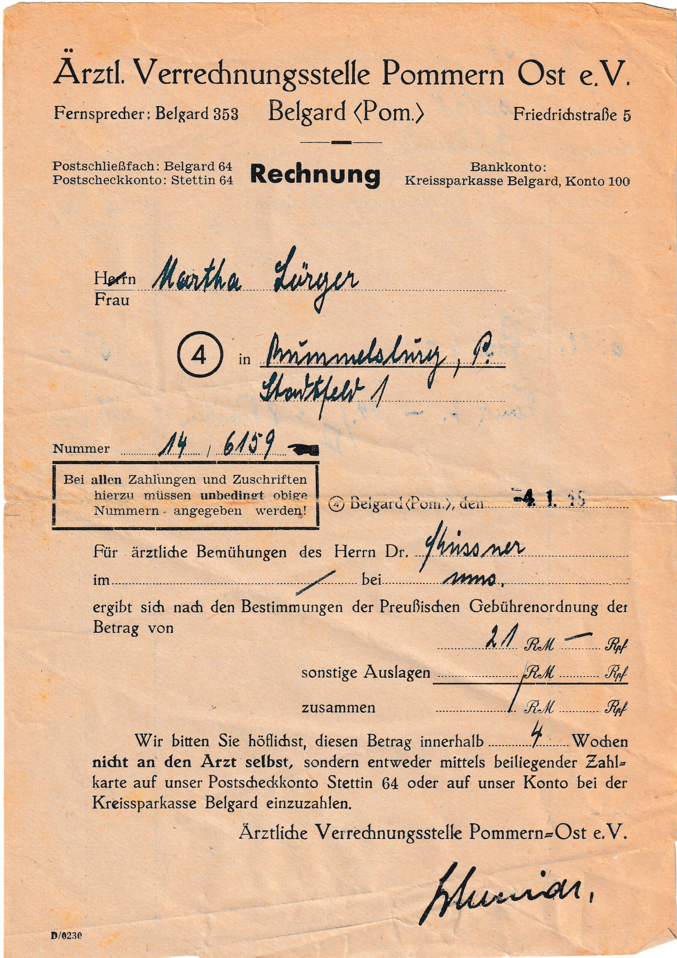 Rechnung Arztkosten Niederkunft Sabine Lörzer